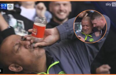 Manchester City fan becomes viral sensation with Arsenal branded bottle at Stamford Bridge
